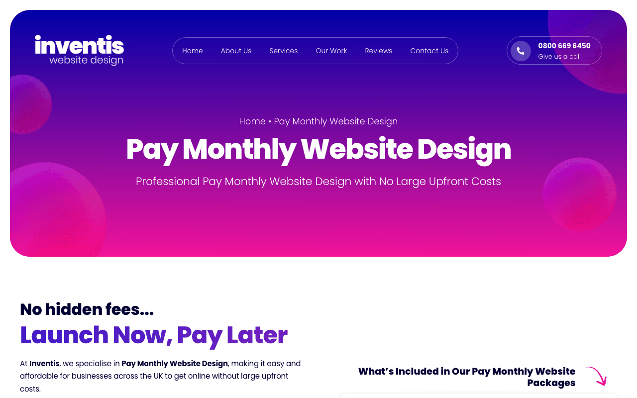 Inventis pay monthly web design homepage