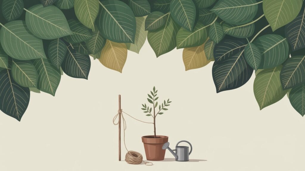 Botanical illustration of a young sapling in a pot, tied to a wooden stake, with a watering can beside it