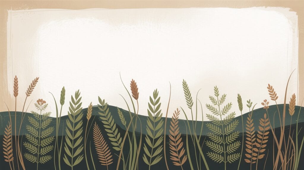 Pressed botanical illustration of fern fronds and grasses in sage green and sand tones