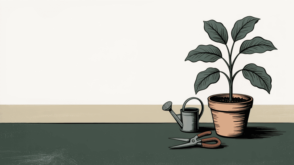 Illustration of a healthy potted plant with secateurs and a watering can, representing looking after a website