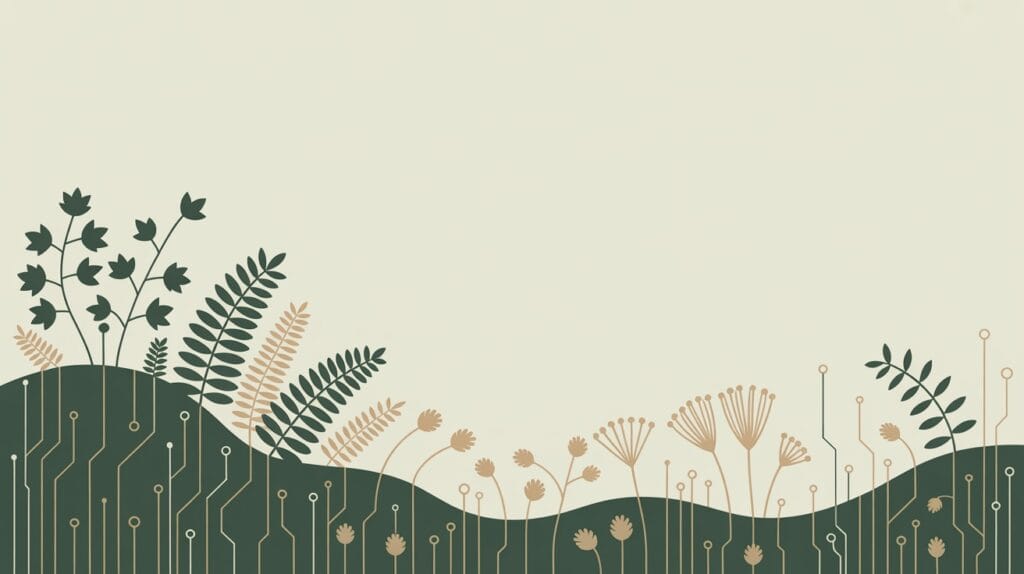 Botanical illustration with circuit-trace leaf veins, some fronds healthy and some wilting, representing a WordPress website quietly decaying without maintenance