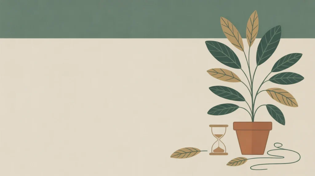 Botanical illustration of a potted plant with a few leaves turning tan beside a small hourglass