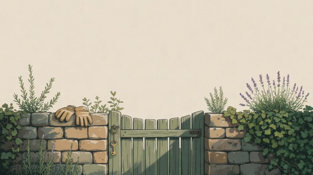 A green garden gate in a stone wall with a brass key hanging on the gatepost and gardening gloves on the wall